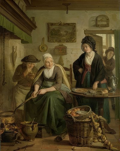 Mujer haciendo panqueques. Alrededor de 1790-1810 de Adriaan de Lelie