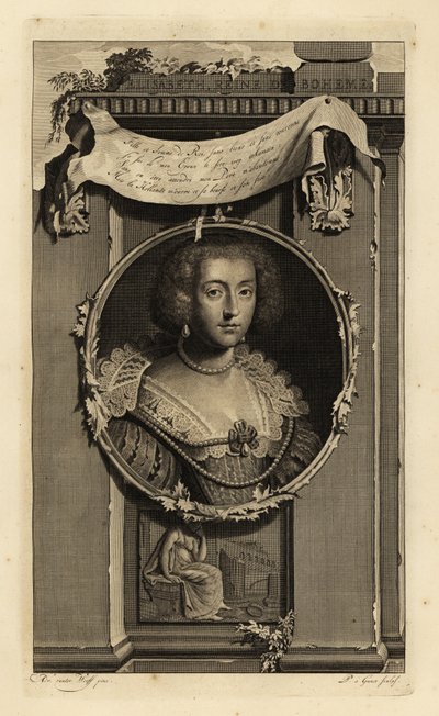 Isabel Estuardo, Reina de Bohemia, Electora del Palatinado, esposa de Federico V, el Rey de Invierno. Isabel, Reina de Bohemia. Vestido con mangas acanaladas, cuello de encaje con perlas. Viñeta de una mujer contemplando una corona caída. Grabado en cobre de Adriaan van der (after) Werff
