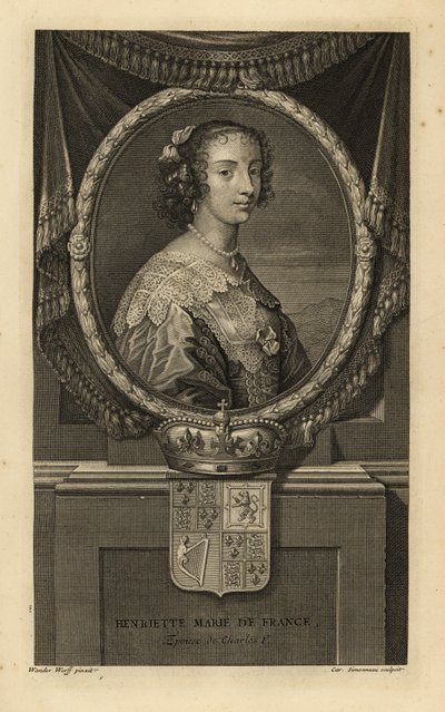 Henrietta Maria de Francia, esposa del rey Carlos I de Inglaterra. Henriette María de Francia. Con vestido con cuello de encaje y collar de perlas. Con corona y escudo de armas. Grabado al cobre de Charles Simonneau según Adriaen van der Werff a partir de  de Adriaan van der (after) Werff
