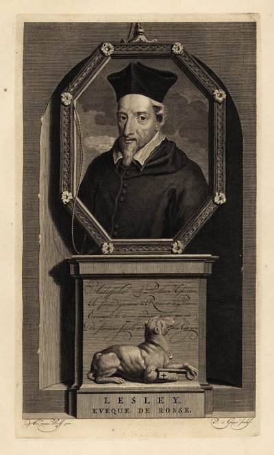 John Lesley, historiador escocés y obispo de Ross. Eveque de Rosse. Perro con llave. Grabado al cobre de Pieter Stevens van Gunst según Adriaen van der Werff de la Histoire d