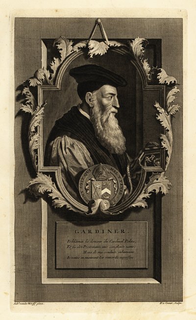 Retrato de Stephen Gardiner, obispo de Winchester y político. Con escudo de armas. Grabado al cobre de Pieter Stevens van Gunst según Adriaen van der Werff de la Histoire d