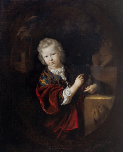 Retrato de un joven que sostiene un periquito junto a una estatua de Hércules de Adriaan van der Werff