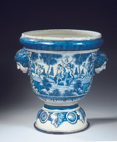 Gran urna de jardín mitológica azul y blanca de Delft en estilo barroco, c.1700 de Adriaen (fl.1868 d.1701) (attr.to) Kocks