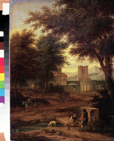 Paisaje italiano con peregrinos Pintura de Adriaen Frans Boudewijns (1644-1711) Museo Pushkin, Moscú de Adriaen Boudewyns