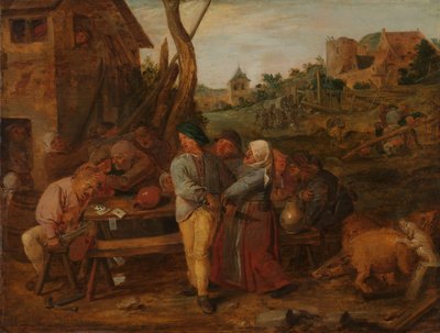 Pelea de cartas fuera de una taberna rural de Adriaen Brouwer