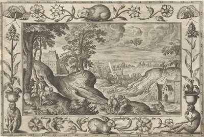 Abraham sacrifica a Isaac Paisajes con escenas bíblicas, mitológicas y escenas de caza (título de la serie) de Adriaen Collaert