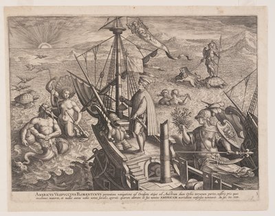 Américo Vespucio en su barco, de Americae Retectio (El descubrimiento de América) de Adriaen Collaert