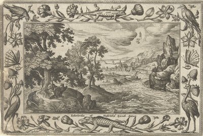 Apóstol Juan en Patmos Paisajes con escenas bíblicas, mitológicas y escenas de caza (título de la serie) de Adriaen Collaert