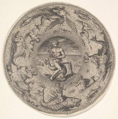 Arion en un Delfín Rodeado por un Borde Decorado con Criaturas Marinas, de un Conjunto de de Adriaen Collaert