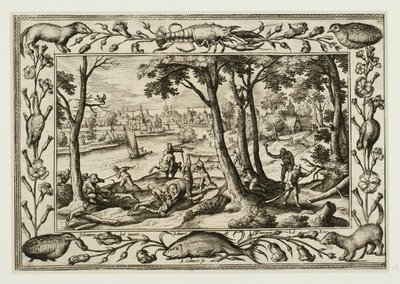Caza del oso, de Paisajes con escenas del Antiguo y Nuevo Testamento y Escenas de caza de Adriaen Collaert