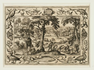 Caza del jabalí, de Paisajes con escenas del Antiguo y Nuevo Testamento y Escenas de caza de Adriaen Collaert