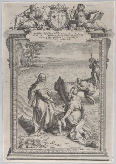 Cristo llamando a San Andrés, que se arrodilla ante él en una playa, y a San Pedro, que sube..., 1590 de Adriaen Collaert