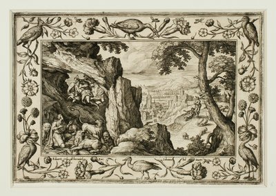 Daniel en la guarida del león, de Paisajes con escenas del Antiguo y Nuevo Testamento y Escenas de caza de Adriaen Collaert