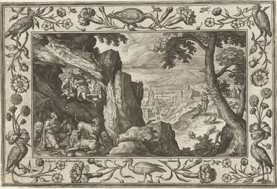 Daniel en el foso de los leones Paisajes con escenas bíblicas, mitológicas y escenas de caza (título de la serie) de Adriaen Collaert