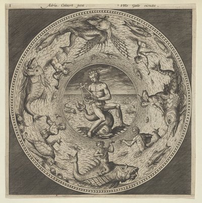 Diseño para un plato con Arion montando un delfín en un medallón bordeado por monstruos marinos, c. 1600 de Adriaen Collaert