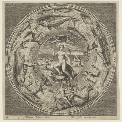 Diseño para una placa con Galatea en una concha flanqueada por trompetistas en un borde de medallón, c. 1600 de Adriaen Collaert