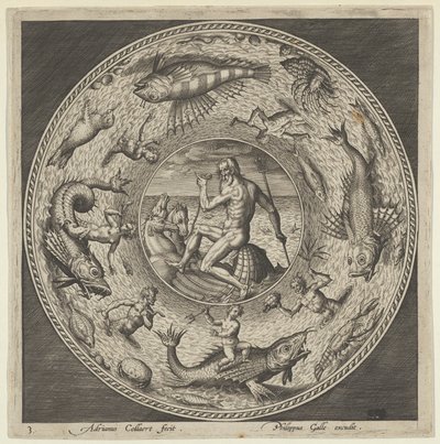 Diseño para un plato con Neptuno en una concha tirada por caballos en un medallón bordeado por..., c. 1600 de Adriaen Collaert
