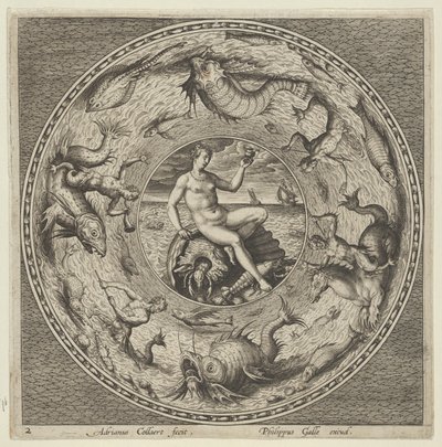 Diseño para un plato con Tetis en una concha en un medallón bordeado por monstruos marinos, c. 1600 de Adriaen Collaert