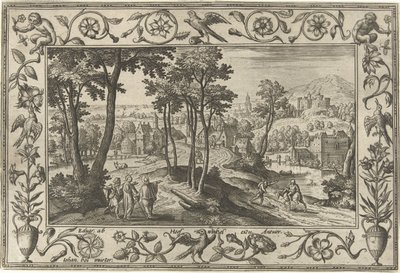 asistentes a Emaús Paisajes con escenas bíblicas, mitológicas y escenas de caza (título de la serie) de Adriaen Collaert