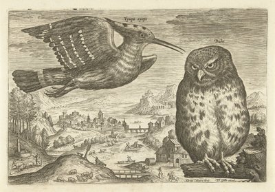Algunas aves en un paisaje Pájaros (título de la serie) Avivm vivae (título de la serie) de Adriaen Collaert