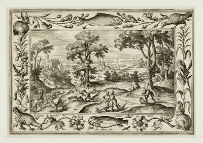 Caza de liebres, de Paisajes con escenas del Antiguo y Nuevo Testamento y Escenas de caza de Adriaen Collaert