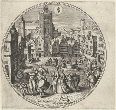 enero Ianvarivs (título sobre objeto) Los doce meses (título de la serie) de Adriaen Collaert
