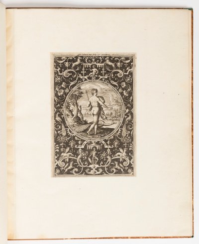 Juno, placa de una suite de 6 diseños ornamentales con el Juicio de Paris de Adriaen Collaert