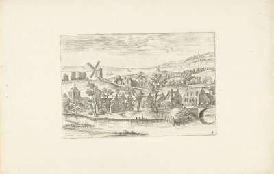Paisaje con un río y un molino de viento Paisajes alrededor de Amberes (título de la serie) de Adriaen Collaert