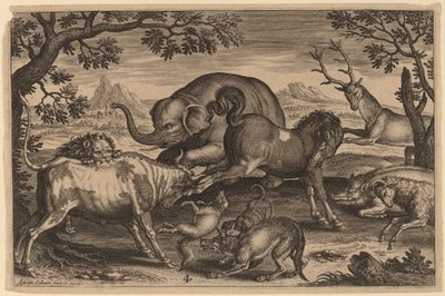 León, toro, zorro, lobo, perro, jabalí, cabra, caballo, elefante y ciervo de Adriaen Collaert