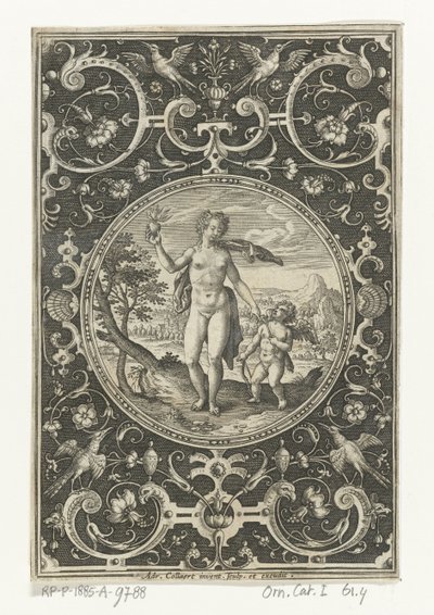 Medallón con Venus y Amor en un marco grotesco con flores, guirnaldas, animales y mascarones Medallones con figuras del Juicio de París (título de la serie) de Adriaen Collaert