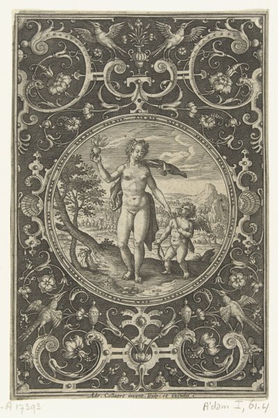 Medallón en el que Venus con la manzana de París en la mano y Amor a su lado Medallones con figuras del Juicio de París (título de la serie) de Adriaen Collaert