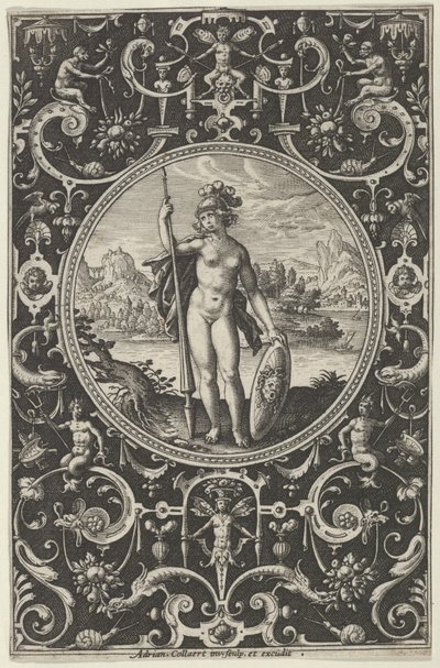 Minerva en un marco decorativo con grotescos, del Juicio de Paris, c. 1580-1600 de Adriaen Collaert