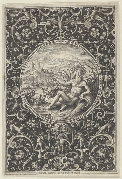 Neptuno en un marco decorativo con grotescos, del Juicio de Paris de Adriaen Collaert