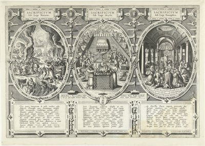 Ofertas onder de wet van de natuur, onder de wet van Mozes y onder de wet van het Evangelie Sacrificio bajo la Ley de la Naturaleza, Sacrificio bajo la Ley de Moisés, Sacrificio bajo la Ley del Evangelio (título sobre el objeto) de Adriaen Collaert