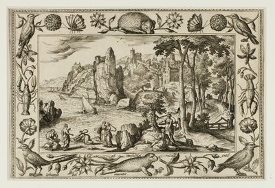 La hija del faraón encuentra a Moisés, de Paisajes con escenas del Antiguo y Nuevo Testamento y Escenas de caza de Adriaen Collaert