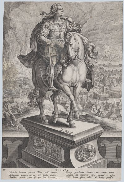 Estatua ecuestre de Tito, vista tres cuartos a la derecha, Monte Vesubio, ca. 1587-89 de Adriaen Collaert