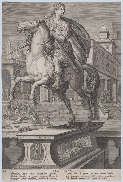 Lámina 12: estatua ecuestre de Domiciano, vista tres cuartos a la izquierda, con su..., ca. 1587-89 de Adriaen Collaert