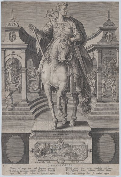 Placa 1: estatua ecuestre de Julio César, vista desde el frente, con una escena de..., ca. 1587-89 de Adriaen Collaert