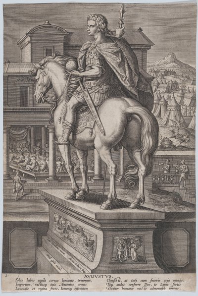 Placa 2: estatua ecuestre de Augusto, sosteniendo un globo y vista desde atrás, ca. 1587-89 de Adriaen Collaert