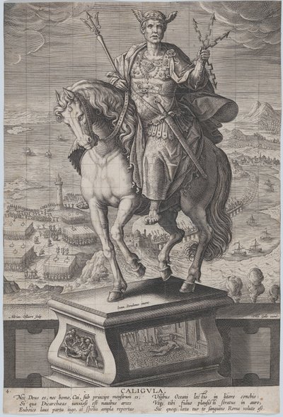 Placa 4: estatua ecuestre de Calígula, vista tres cuartos a la izquierda, vistiendo una..., ca. 1587-89 de Adriaen Collaert