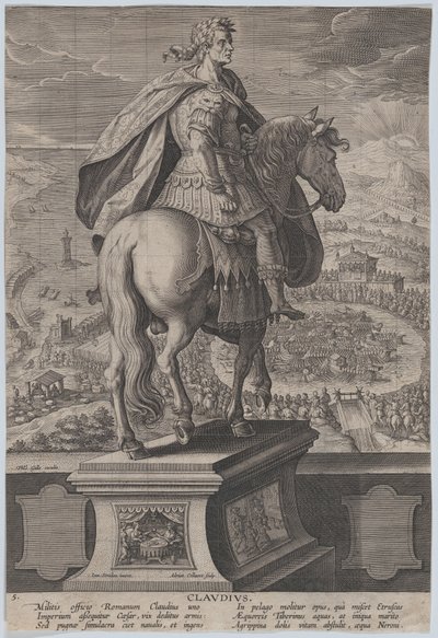 Placa 5: estatua ecuestre de Claudio, vista desde atrás, una competencia naval en ri..., ca. 1587-89 de Adriaen Collaert