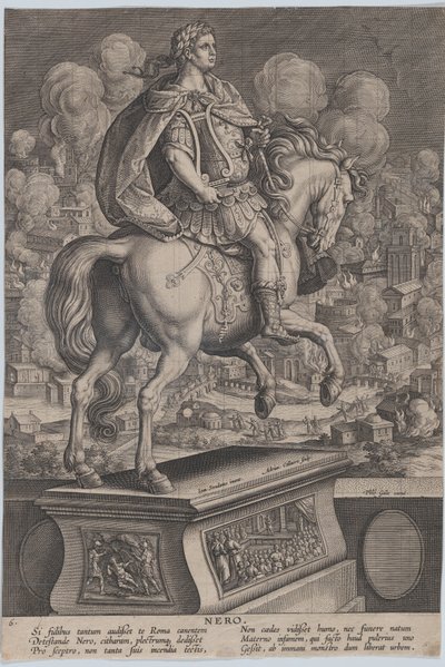 Placa 6: estatua ecuestre de Nerón, vista desde atrás, el Gran Incendio de Roma de Adriaen Collaert