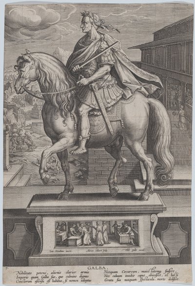 Placa 7: estatua ecuestre de Galba, de perfil a la izquierda, con una escena de decapitación..., ca. 1587-89 de Adriaen Collaert