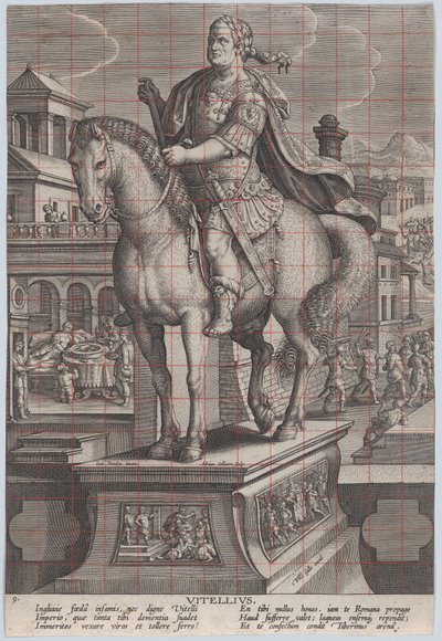 Placa 9: estatua ecuestre de Vitelio, vista tres cuartos a la izquierda, ca. 1587-89 de Adriaen Collaert