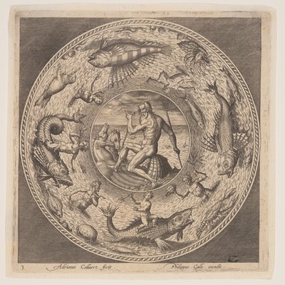 Poseidón, de un conjunto de diseños para platos (Fonds de Coupe) de Adriaen Collaert