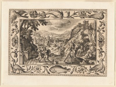 Rebeca y Eliezer en el pozo, de Paisajes con escenas del Antiguo y Nuevo Testamento y Escenas de caza de Adriaen Collaert
