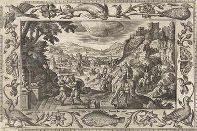 Rebeca y Eliezer junto al pozo Paisajes con escenas bíblicas, mitológicas y escenas de caza (título de la serie) de Adriaen Collaert