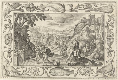 Rebeca y Eliezer junto al pozo Paisajes con escenas bíblicas, mitológicas y escenas de caza (título de la serie) de Adriaen Collaert