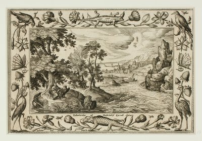 San Juan en Patmos, de Paisajes con escenas del Antiguo y Nuevo Testamento y escenas de caza de Adriaen Collaert