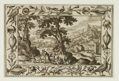 Los niños burlones maldecidos por Elías y comidos por la osa, de Paisajes con escenas del Antiguo y Nuevo Testamento y Escenas de caza de Adriaen Collaert